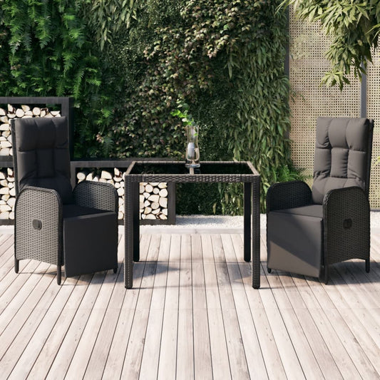 3-tlg. Garten-Essgruppe mit Kissen Schwarz Poly Rattan