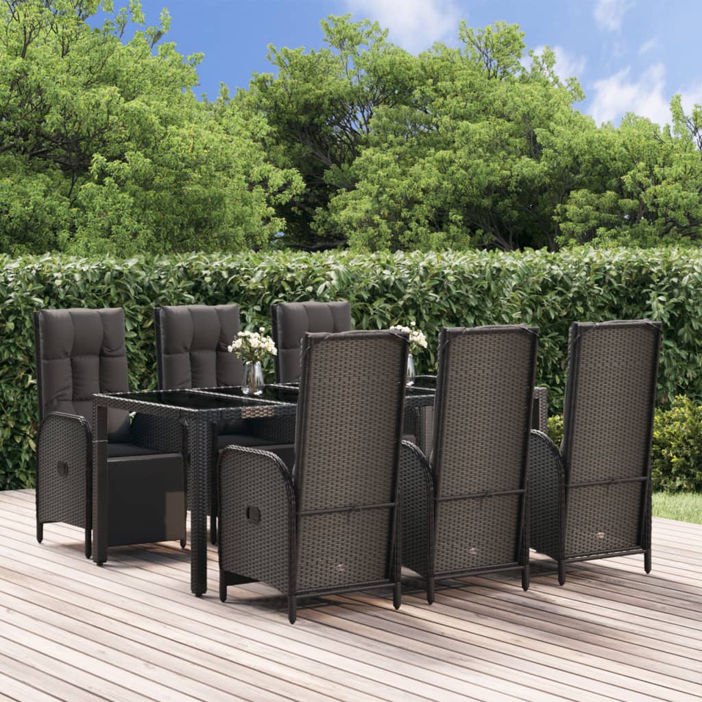 7-tlg. Garten-Essgruppe mit Kissen Schwarz Poly Rattan