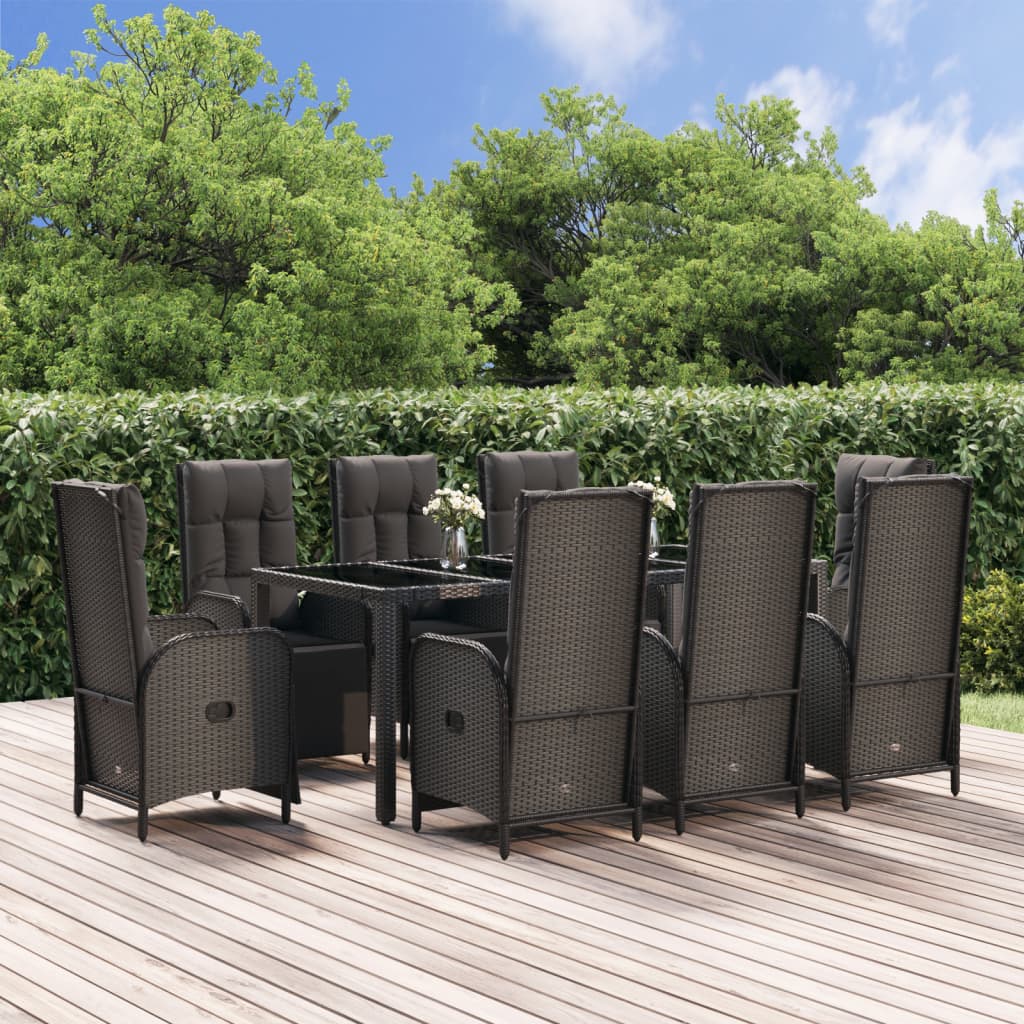 9-tlg. Garten-Essgruppe mit Kissen Schwarz Poly Rattan