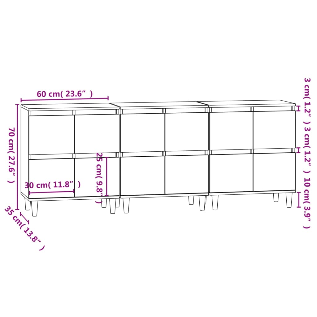 Sideboards 3 Stk. Betongrau 60x35x70 cm Holzwerkstoff