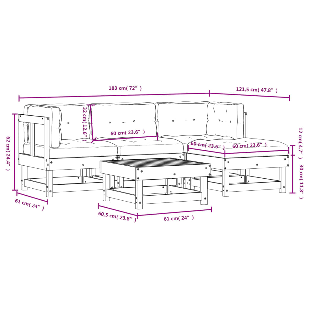 5-tlg. Garten-Lounge-Set mit Kissen Weiß Massivholz