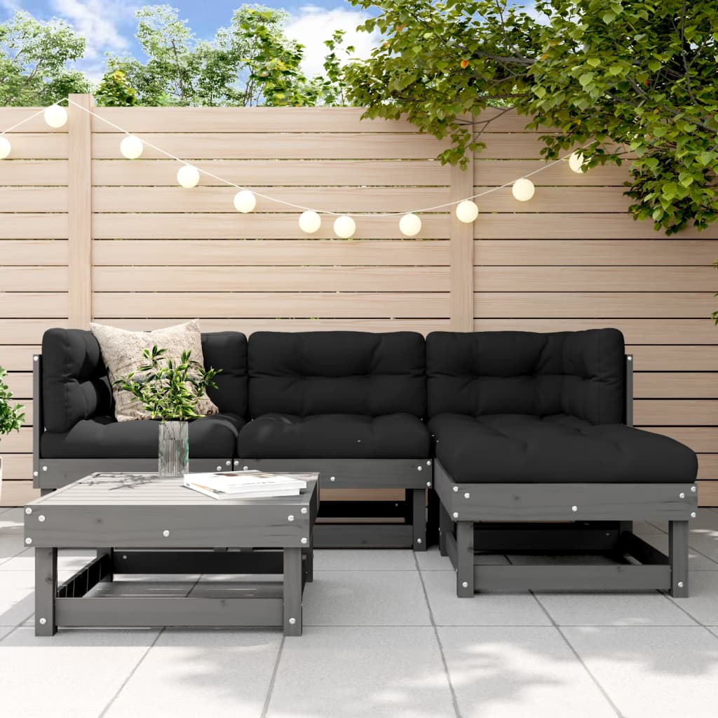 5-tlg. Garten-Lounge-Set mit Kissen Grau Massivholz