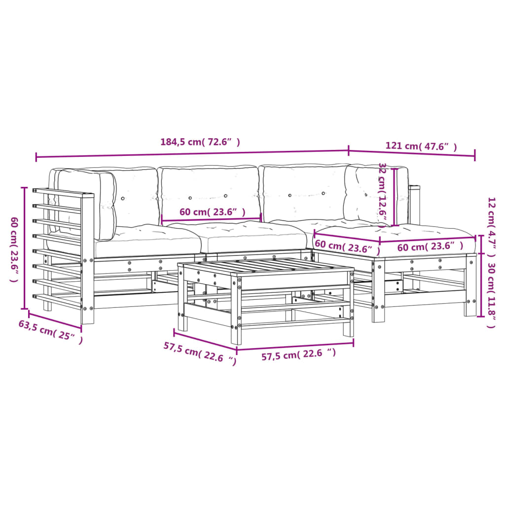 5-tlg. Garten-Lounge-Set mit Kissen Massivholz