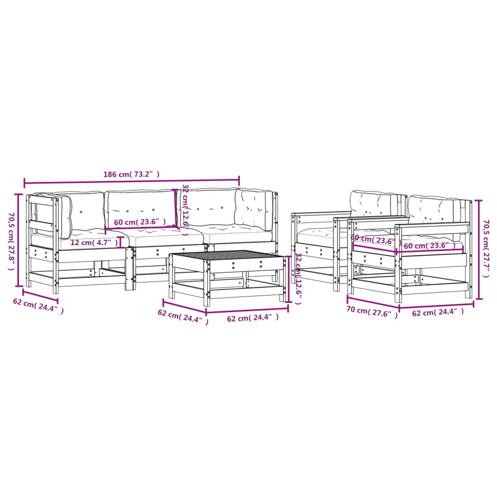 6-tlg. Garten-Lounge-Set mit Kissen Weiß Massivholz