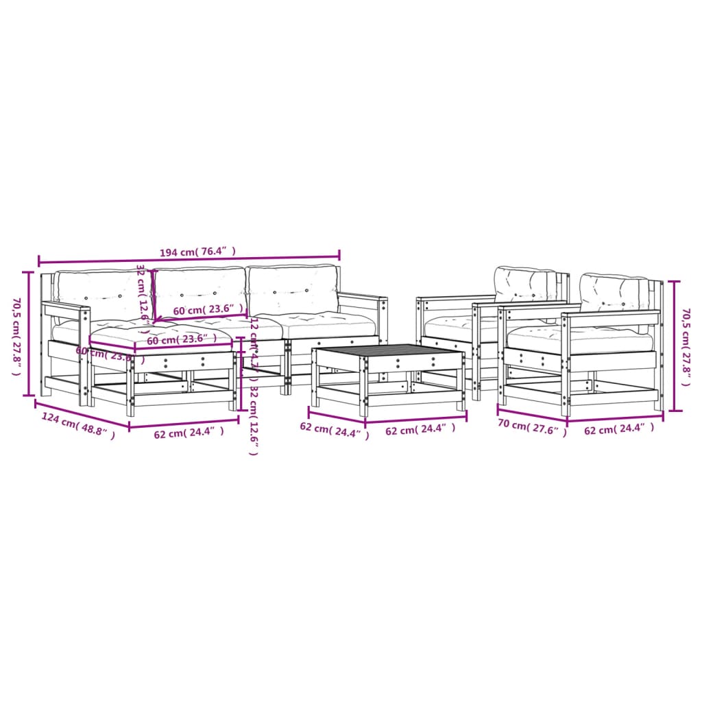 7-tlg. Garten-Lounge-Set mit Kissen Grau Massivholz