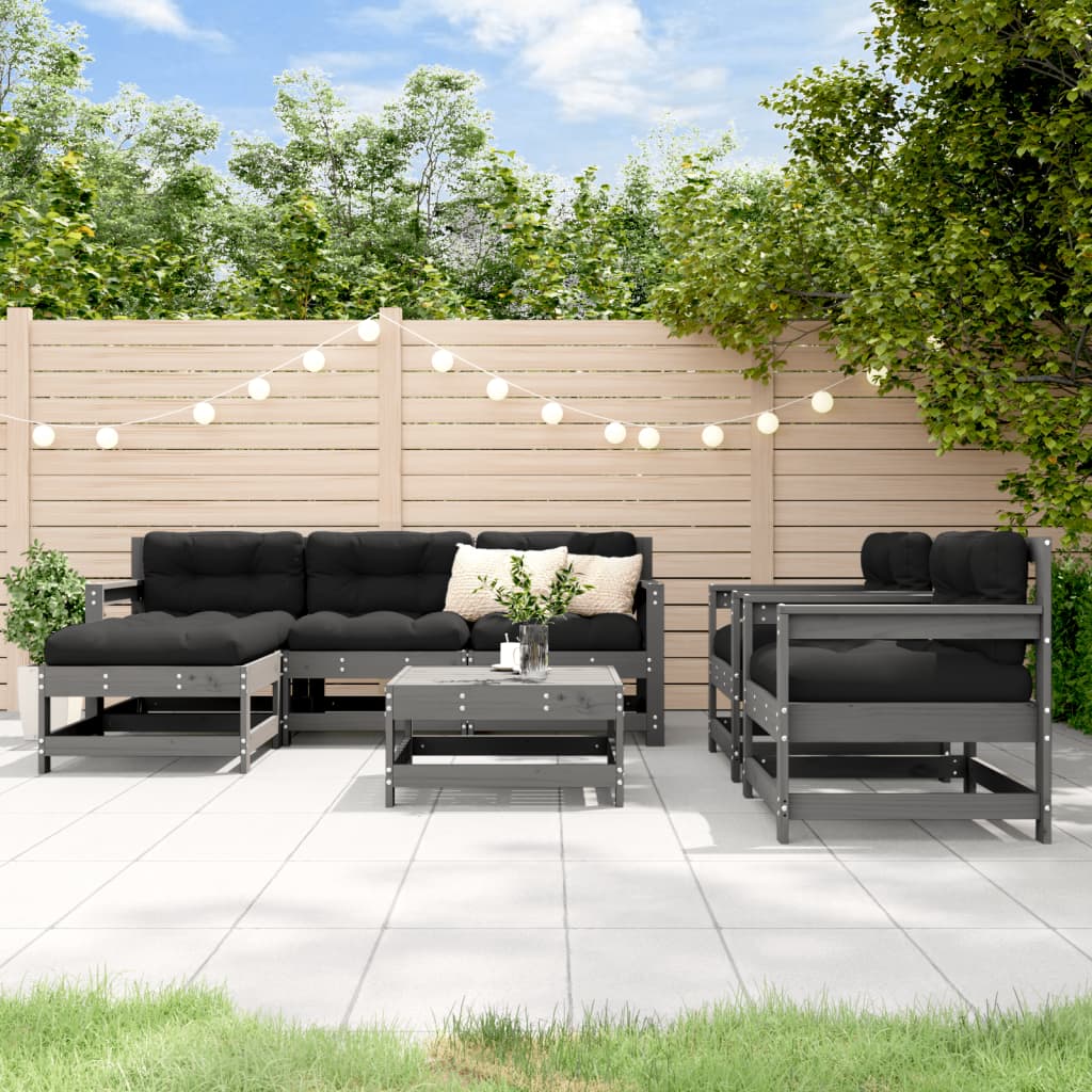 7-tlg. Garten-Lounge-Set mit Kissen Grau Massivholz