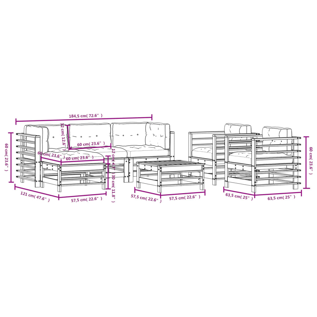 7-tlg. Garten-Lounge-Set mit Kissen Grau Massivholz