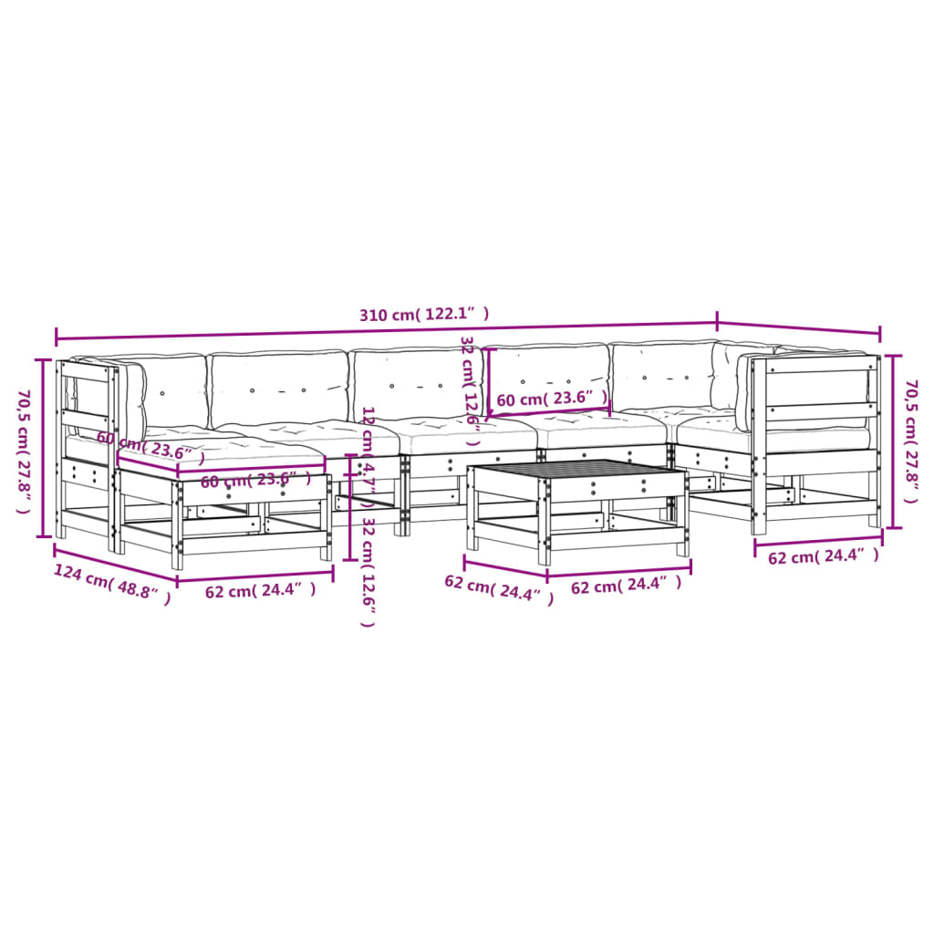 8-tlg. Garten-Lounge-Set mit Kissen Weiß Massivholz