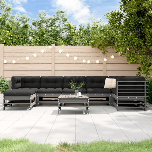 8-tlg. Garten-Lounge-Set mit Kissen Grau Massivholz