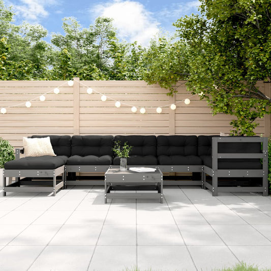 8-tlg. Garten-Lounge-Set mit Kissen Grau Massivholz