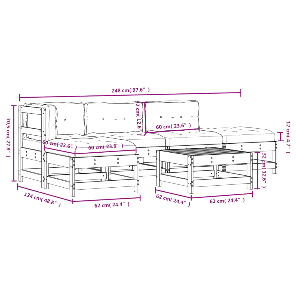 6-tlg. Garten-Lounge-Set mit Kissen Weiß Massivholz