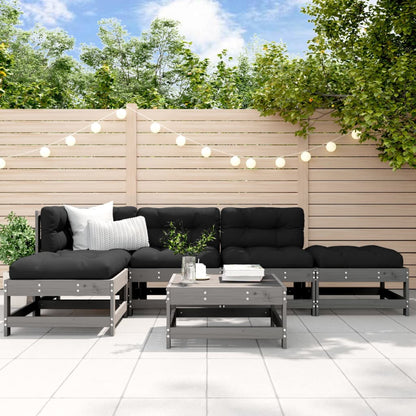 6-tlg. Garten-Lounge-Set mit Kissen Grau Massivholz