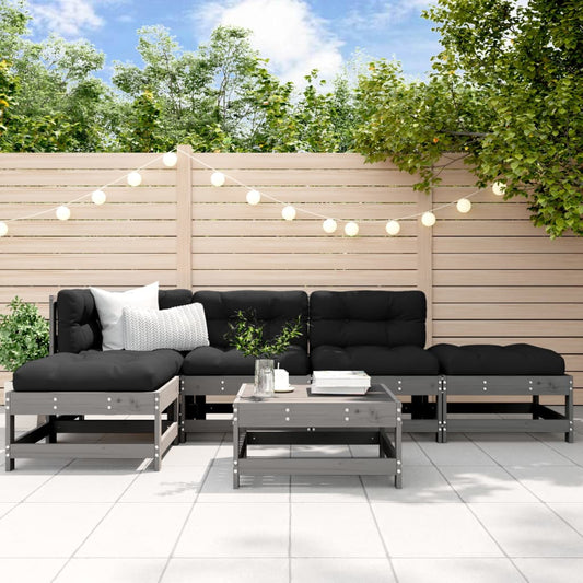 6-tlg. Garten-Lounge-Set mit Kissen Grau Massivholz