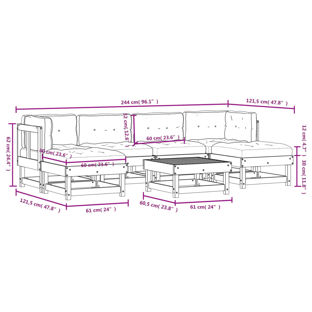 7-tlg. Garten-Lounge-Set mit Kissen Weiß Massivholz