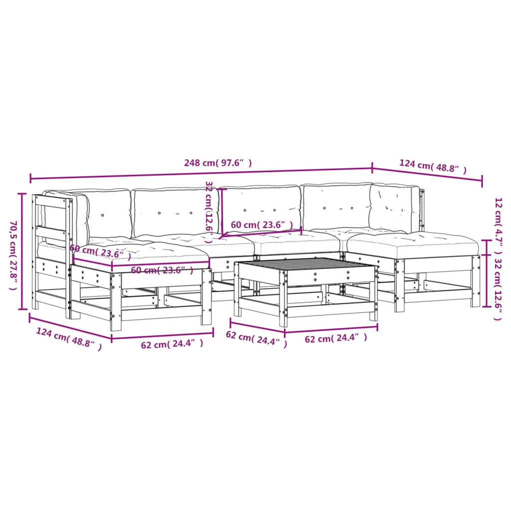 7-tlg. Garten-Lounge-Set mit Kissen Grau Massivholz