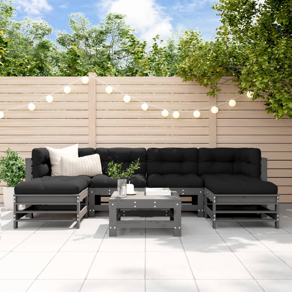 7-tlg. Garten-Lounge-Set mit Kissen Grau Massivholz