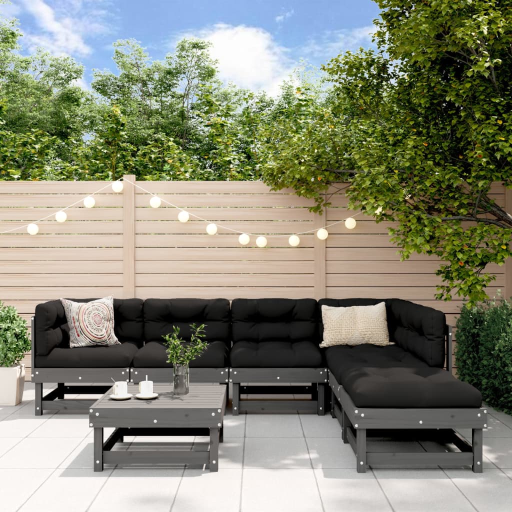 7-tlg. Garten-Lounge-Set mit Kissen Grau Massivholz