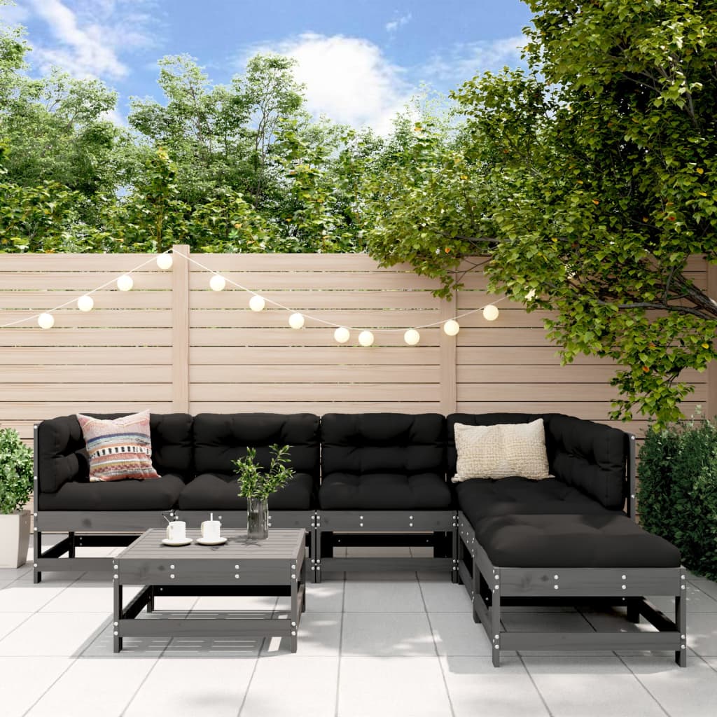 7-tlg. Garten-Lounge-Set mit Kissen Grau Massivholz