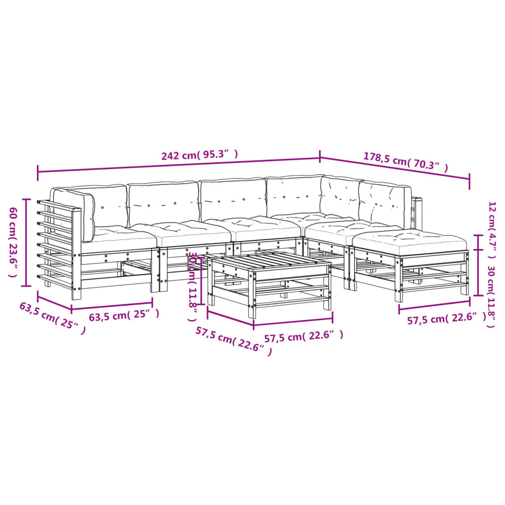 7-tlg. Garten-Lounge-Set mit Kissen Massivholz