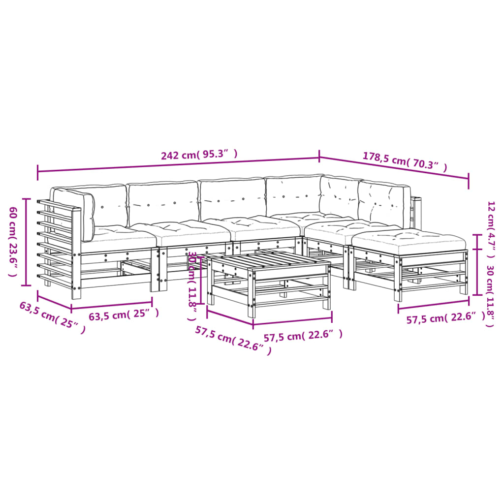 7-tlg. Garten-Lounge-Set mit Kissen Grau Massivholz