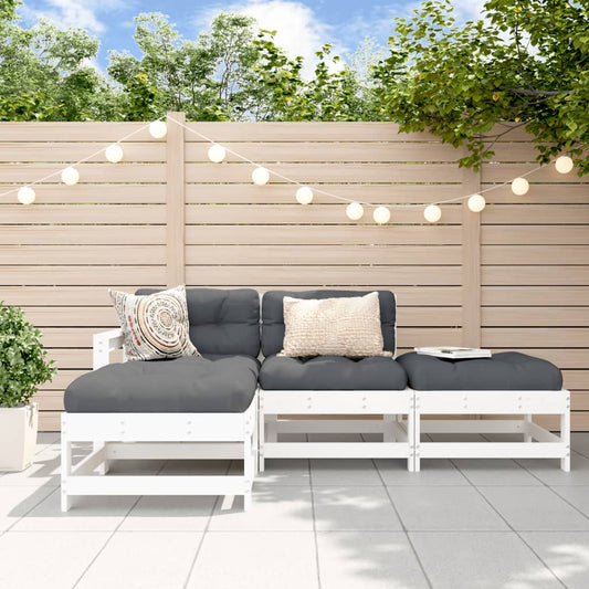 4-tlg. Garten-Lounge-Set mit Kissen Weiß Massivholz