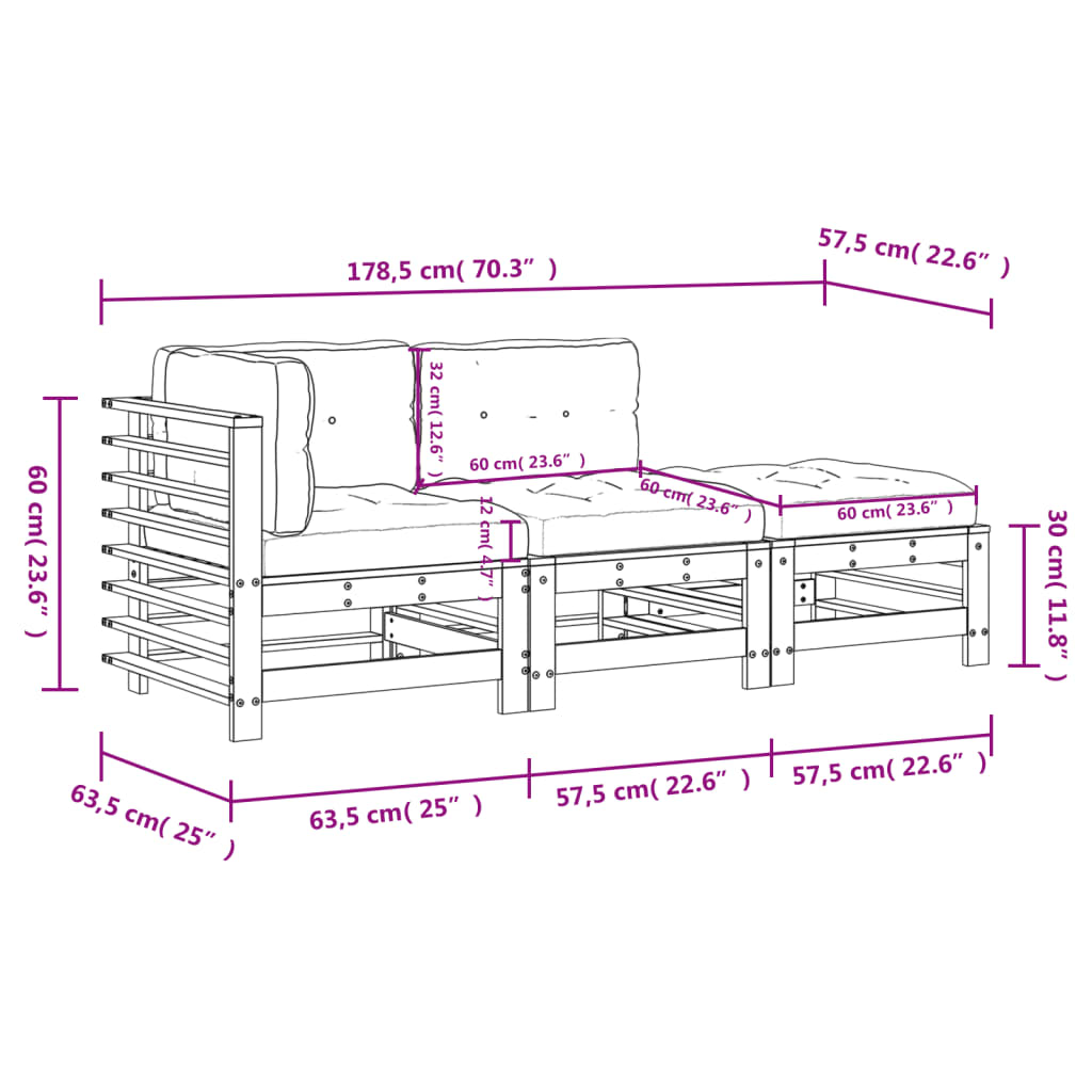 3-tlg. Garten-Lounge-Set mit Kissen Massivholz