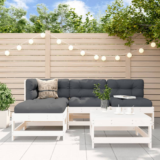 5-tlg. Garten-Lounge-Set mit Kissen Weiß Massivholz