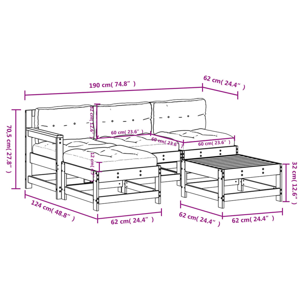 5-tlg. Garten-Lounge-Set mit Kissen Massivholz