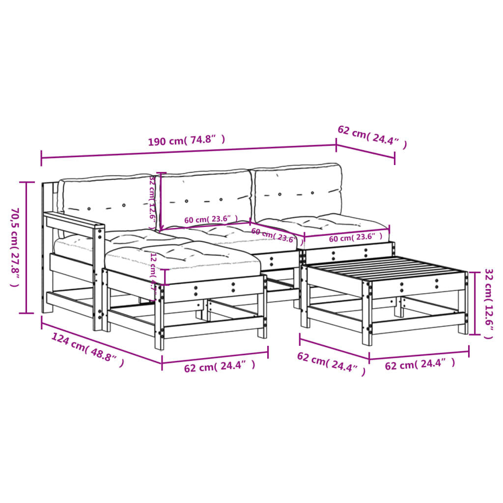 5-tlg. Garten-Lounge-Set mit Kissen Weiß Massivholz