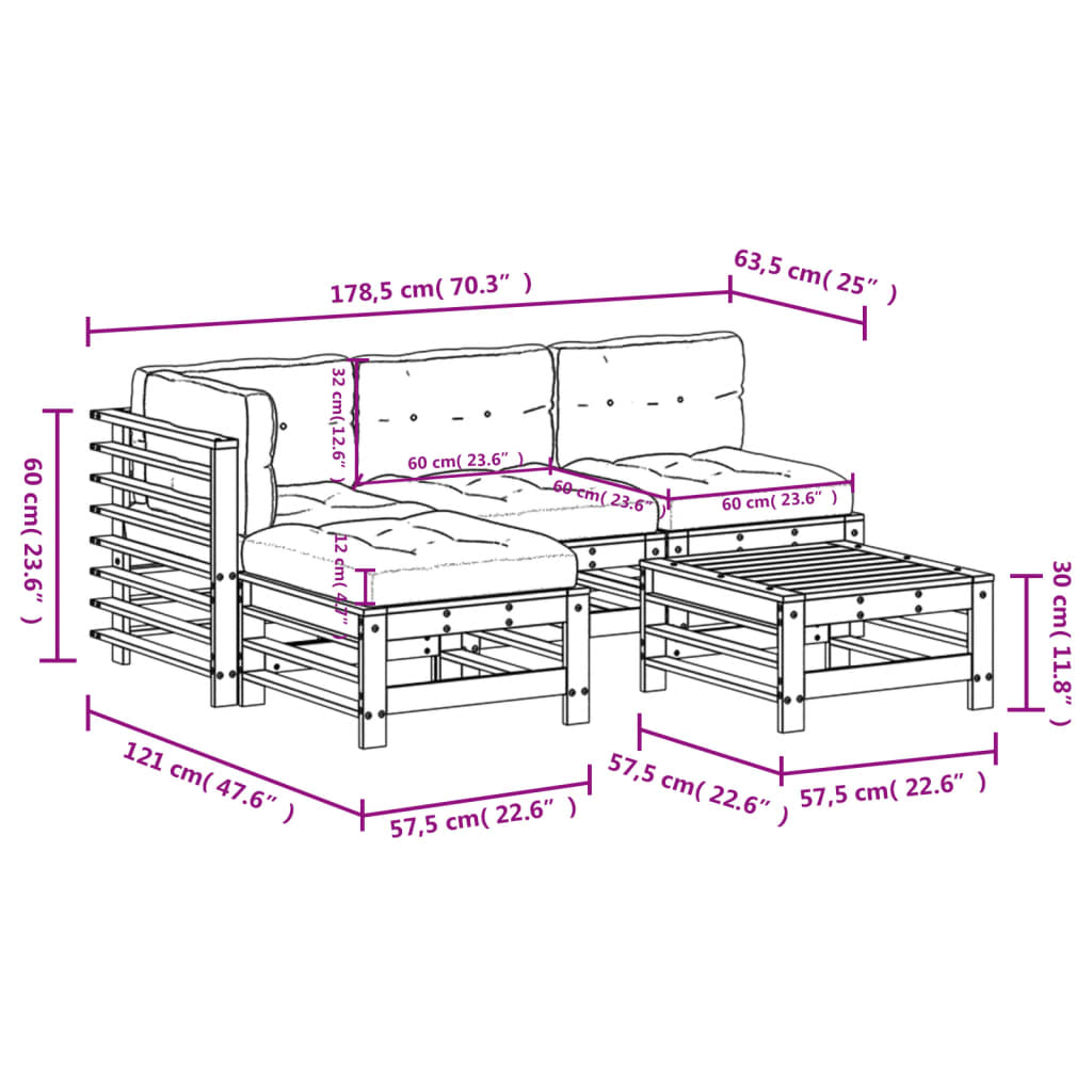 5-tlg. Garten-Lounge-Set mit Kissen Massivholz