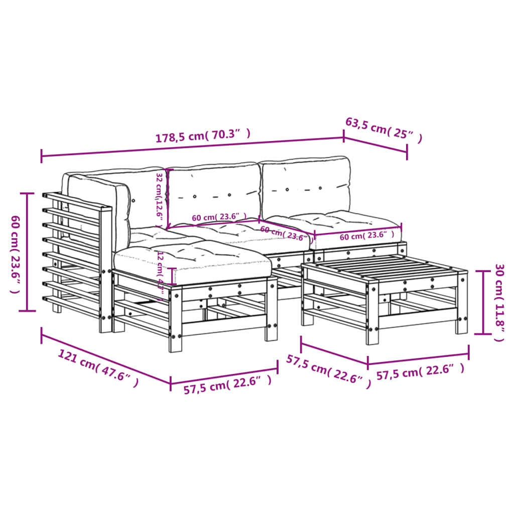 5-tlg. Garten-Lounge-Set mit Kissen Weiß Massivholz