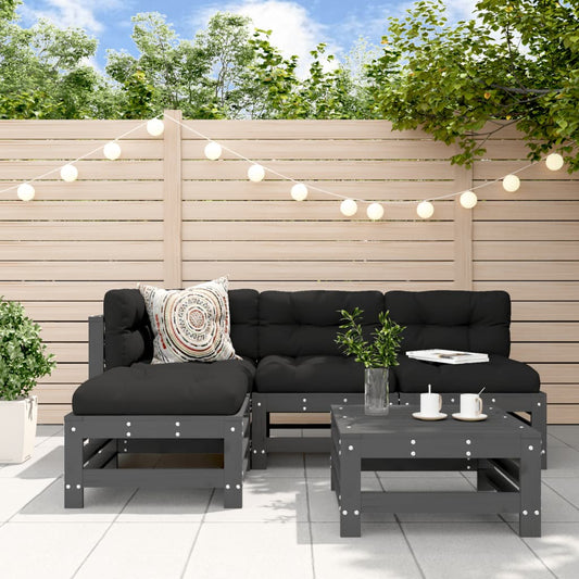 5-tlg. Garten-Lounge-Set mit Kissen Grau Massivholz