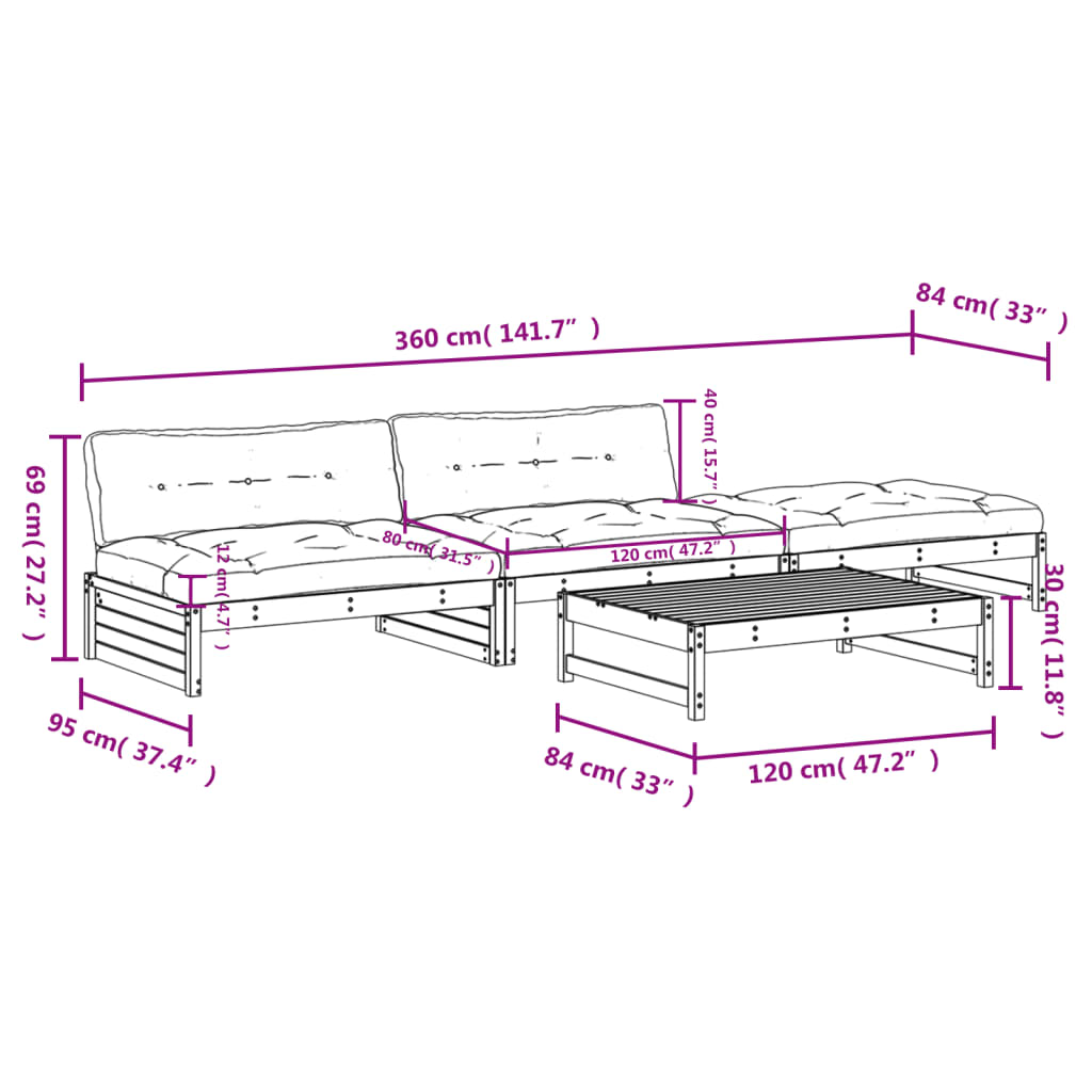 4-tlg. Garten-Lounge-Set mit Kissen Honigbraun Massivholz