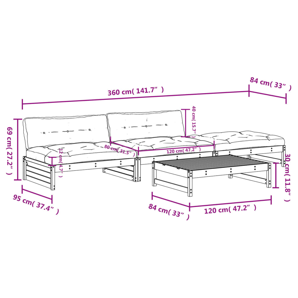 4-tlg. Garten-Lounge-Set mit Kissen Kiefernholz Imprägniert