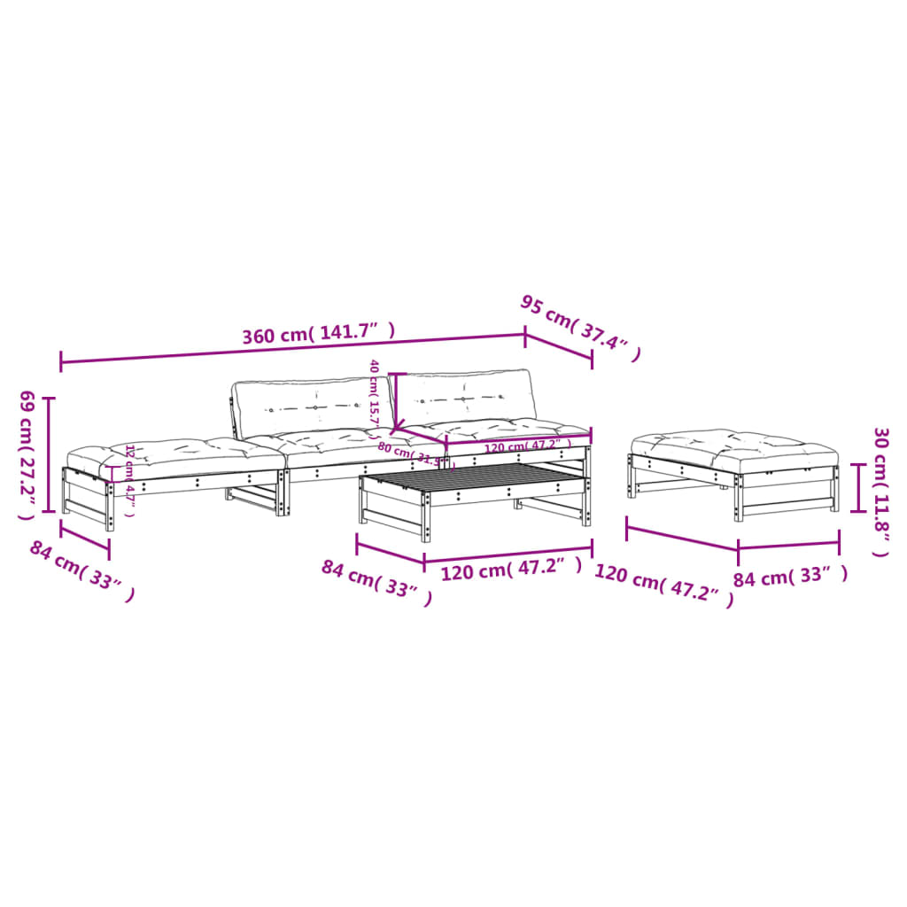 5-tlg. Garten-Lounge-Set mit Kissen Massivholz