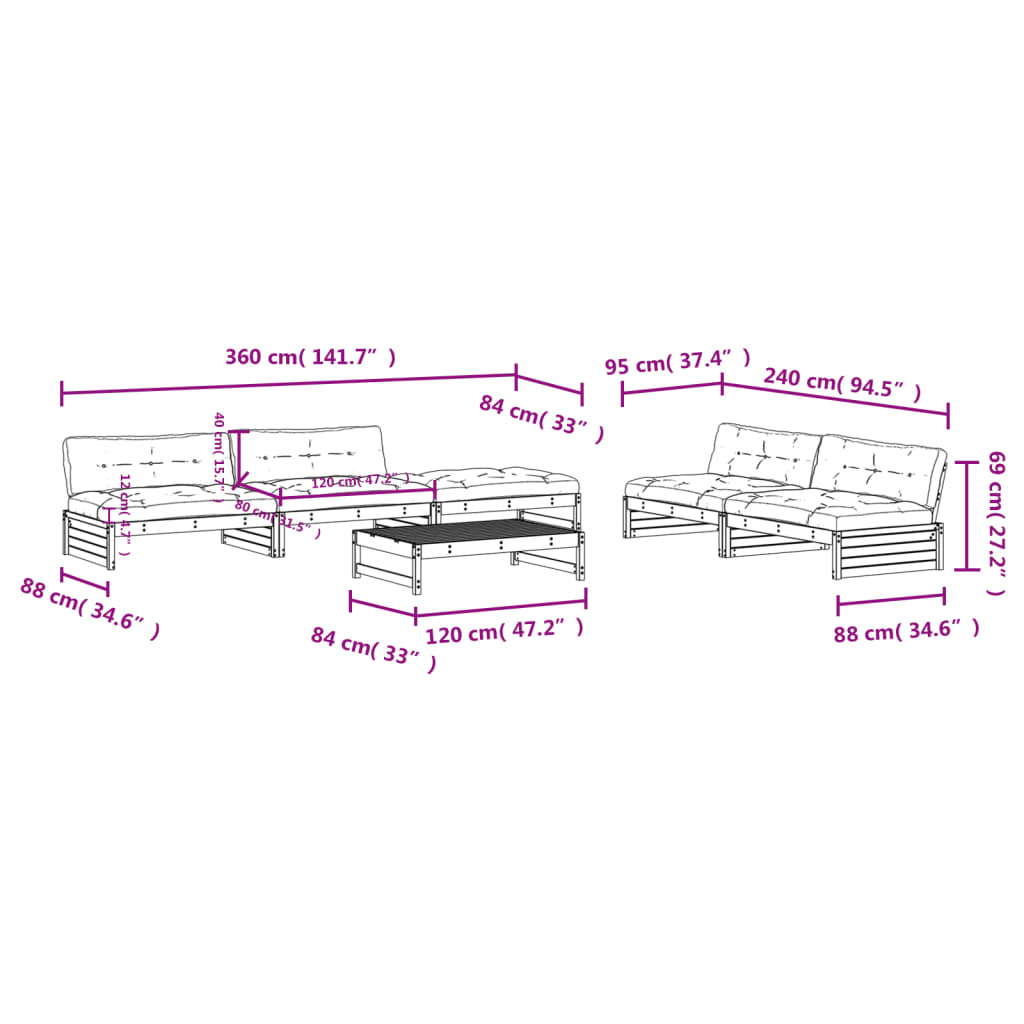 6-tlg. Garten-Lounge-Set mit Kissen Grau Massivholz