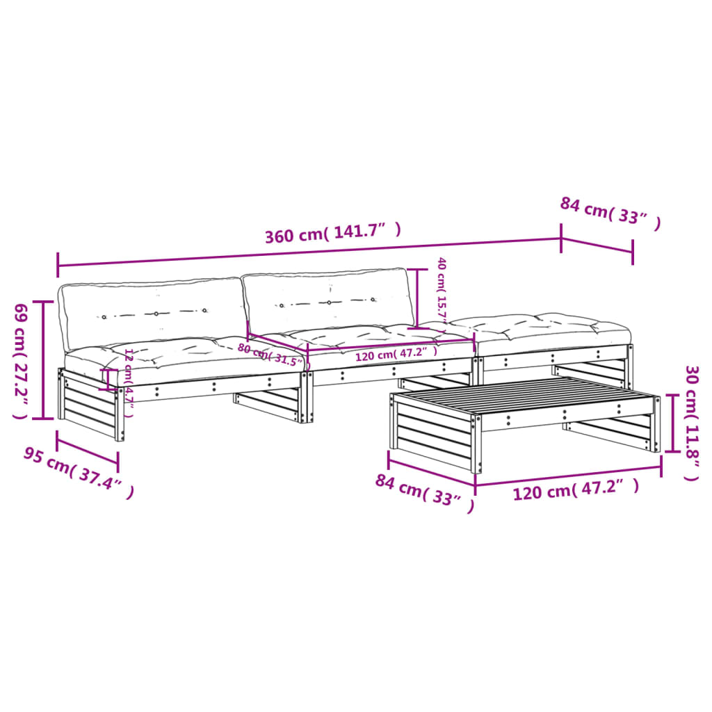 4-tlg. Garten-Lounge-Set mit Kissen Massivholz