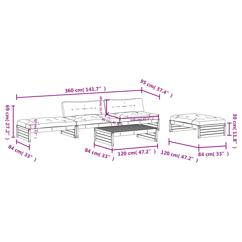 5-tlg. Garten-Lounge-Set mit Kissen Massivholz