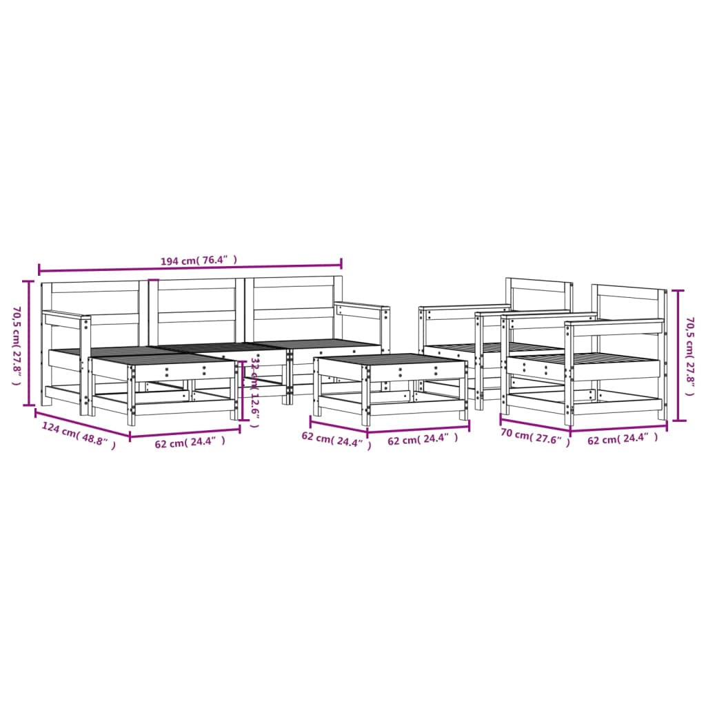 7-tlg. Garten-Lounge-Set Grau Massivholz Kiefer