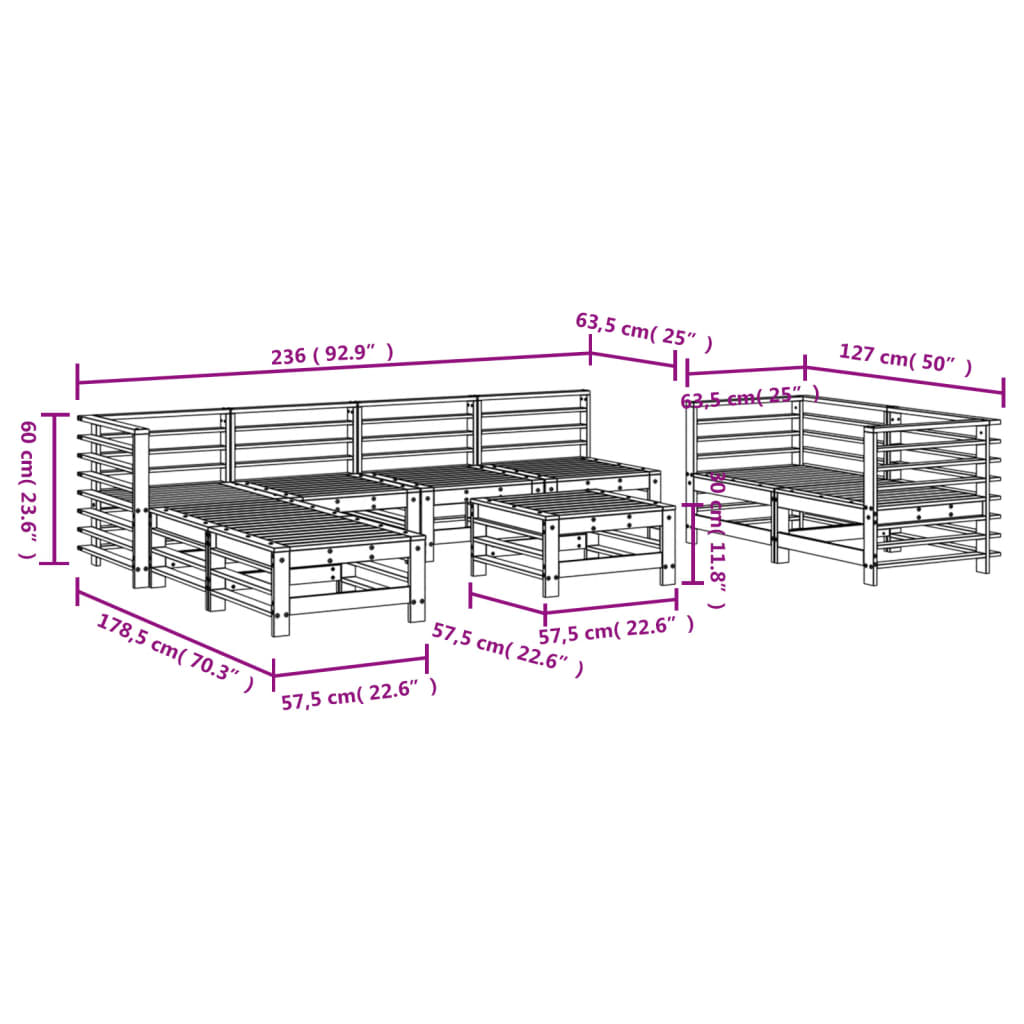 9-tlg. Garten-Lounge-Set Grau Massivholz Kiefer