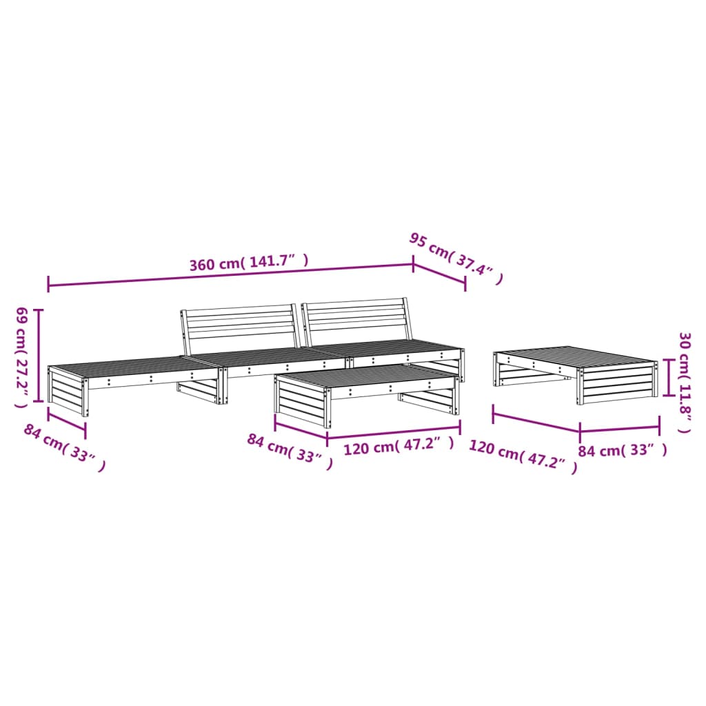 5-tlg. Garten-Lounge-Set Grau Massivholz Kiefer