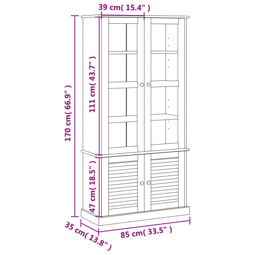 Vitrine VIGO Grau 85x35x170 cm Massivholz Kiefer