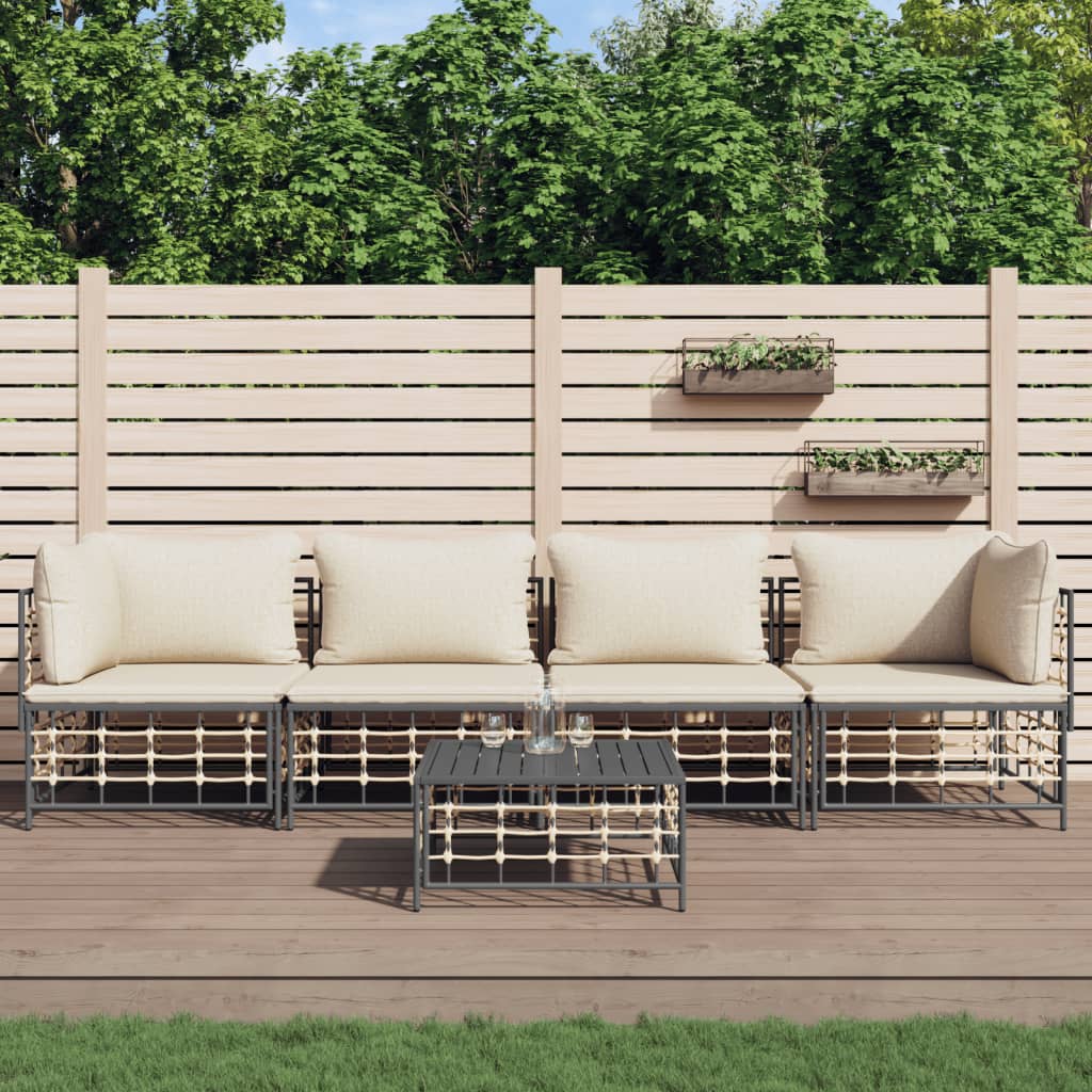 5-tlg. Garten-Lounge-Set mit Kissen Anthrazit Poly Rattan