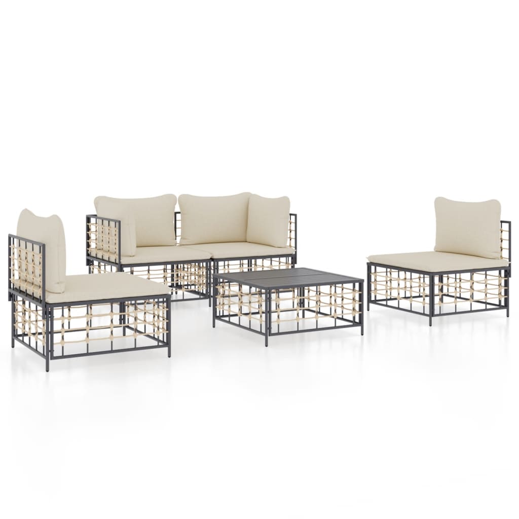 5-tlg. Garten-Lounge-Set mit Kissen Anthrazit Poly Rattan