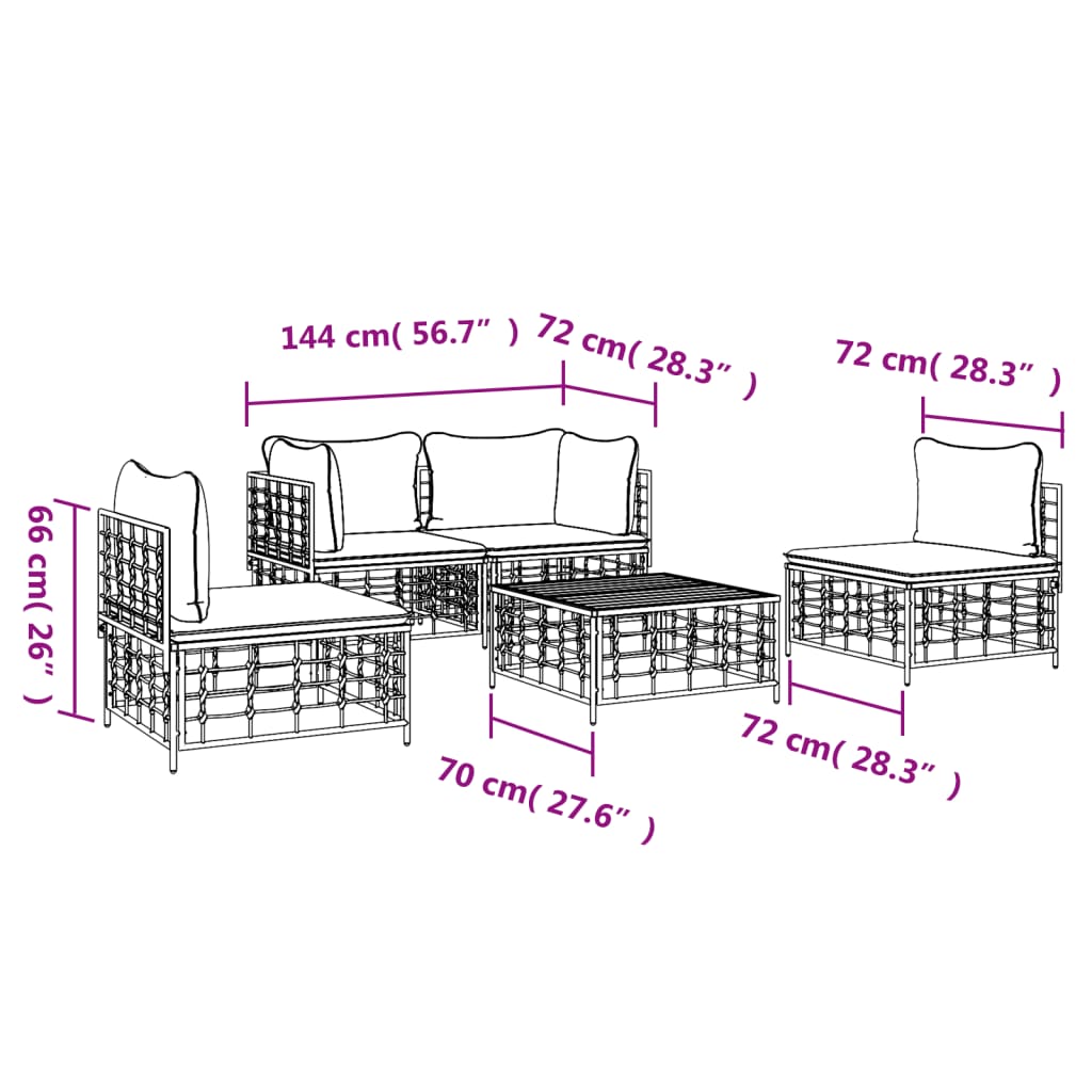 5-tlg. Garten-Lounge-Set mit Kissen Anthrazit Poly Rattan