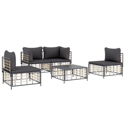 5-tlg. Garten-Lounge-Set mit Kissen Anthrazit Poly Rattan