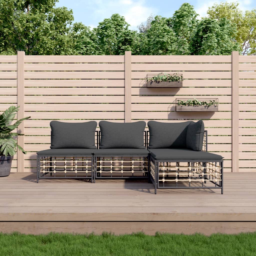 4-tlg. Garten-Lounge-Set mit Kissen Anthrazit Poly Rattan