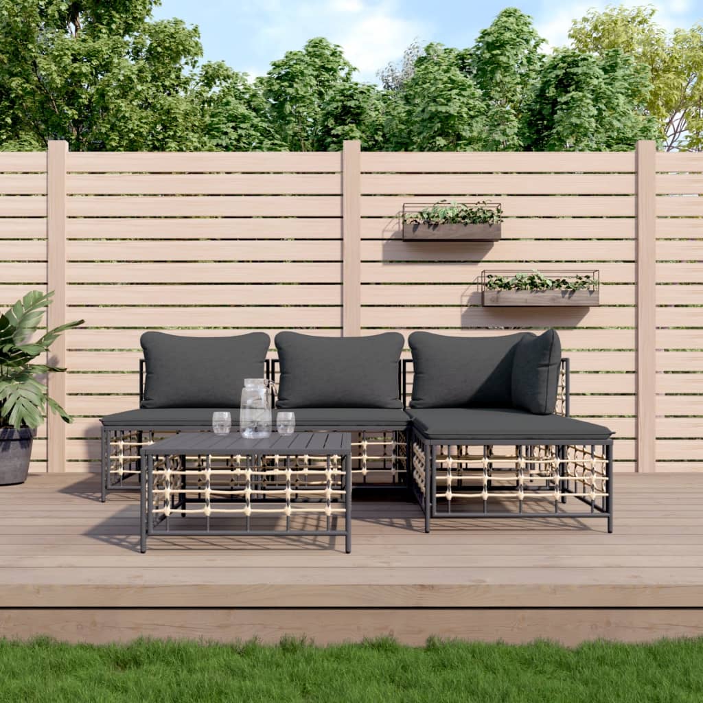 5-tlg. Garten-Lounge-Set mit Kissen Anthrazit Poly Rattan