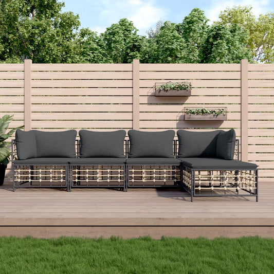 5-tlg. Garten-Lounge-Set mit Kissen Anthrazit Poly Rattan