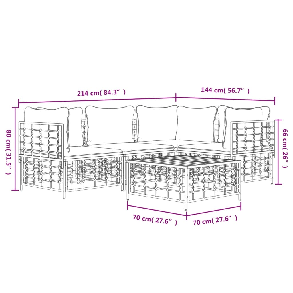 5-tlg. Garten-Lounge-Set mit Kissen Anthrazit Poly Rattan